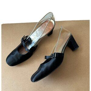 Vintage 60s Herbert Levine Mod Black Satin Clear Vinyl Pumps, Size 7.5 AA